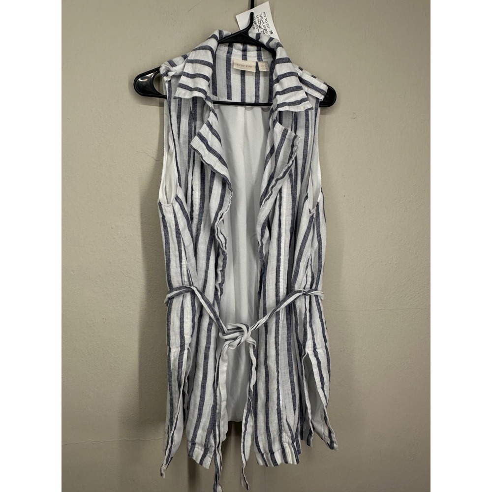 Chico's 100% Linen Duster Vest Size 12 Blue Striped Office Casual Tie Waist